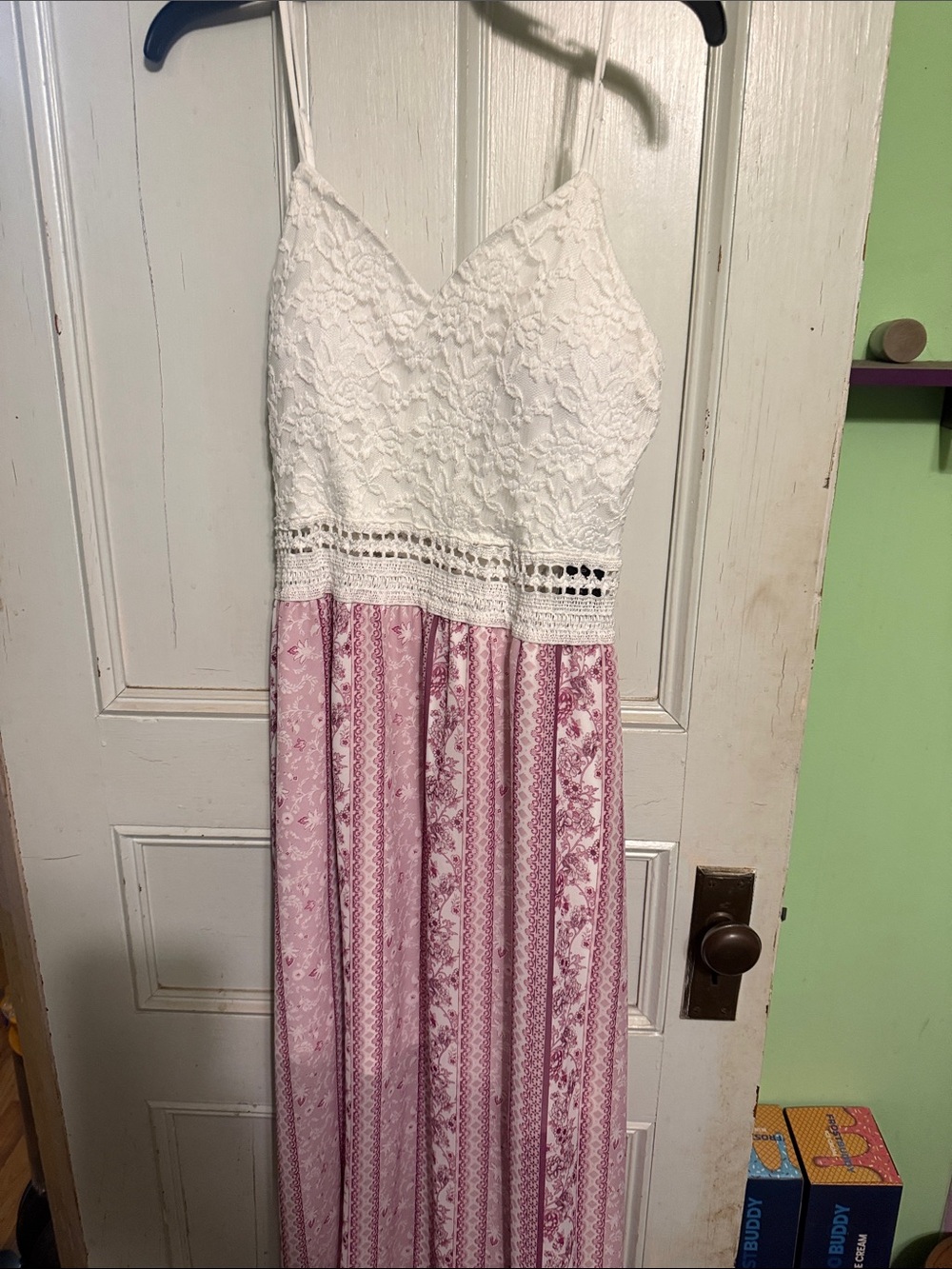 White Lace & Pink Pattern Maxi Dress
